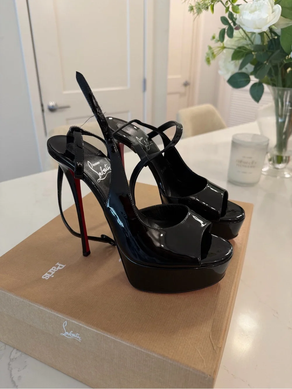 Christian Louboutin Black Patent Platform Slingback Heels with Red Sole